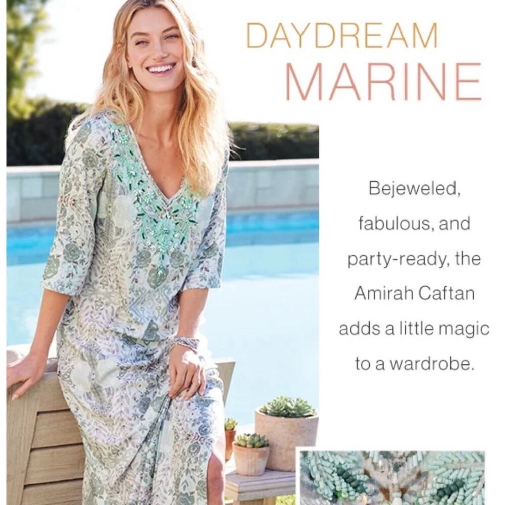 Soft Surroundings Daydream Marine Dress Medium Blue Floral Beaded Kaftan Midi